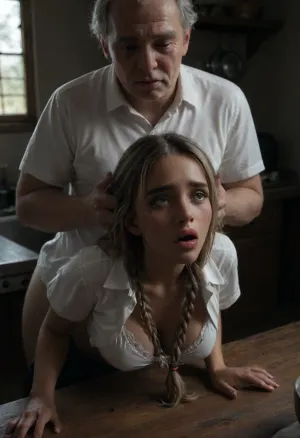 Cottage kitchen, ((two 18 year old college girls)), long blonde braided hair, insanely beautiful, perfect faces, innocent-looking, (((bending deeply over kitchen table:1.5))), massive firm tits, petite, very skinny, skinny yet busty body, ((tight school uniforms)), ((pouted lips)), (lifted pleated miniskirt), (white shirt), ((white bra)), white panties underneath miniskirt, deep fake tanned skin, ((old man with an erect penis groping her boobs from behind)), ((he is kissing her in her neck)), ((very close view from the front)), (((crying alot, sobbing))), (((very sad, scared, shocked))), (((she is unwilling and tries to pull away))), over shoulder view, large, breasts, big, boobs, huge, tits, bmbplora, LookAtMyAss, <lora:bombshell_v2:.8>, <lora:bimboxl_02:.8>, <lora:dark:.8>, <lora:LookAtMyAss:.8>