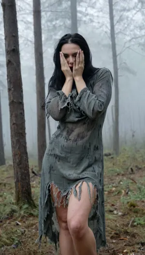 Photorealistic image of an adult woman walking alone in a sinister forest, long raven-black hair, messy and voluminous, partially covering her face. She wears a damaged, torn dress, fabric ripped and worn, creating a sexy but tasteful look. Expression of fear and tension, foggy background, cold color palette, cinematic lighting, ultra-realistic details