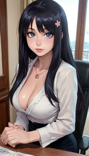 ((Melkor mancin:1), style), reiq style, masterpiece, ((1woman, 8k resolution, ultra-detailed, pale skin)), 1girl, (office background), long hair, black hair, ((milf)), view from above, tight secretary costume, very deep cleavage, fake big tits, ratatatat74, kousaka, kirino, gokou, ruri, izumi, sagiri, himemori, luna, sakura, miko, tsunomaki, watame, <lora:LCMTurboMix_Euler_A_fix:.8>, <lora:mk_Bp Anime_xl:1.6>, <lora:Kanzaki Hiro_XL:1.4>, <lora:Rubi-samaXL:1.6>, <lora:ratatatat74-000050:1.8>