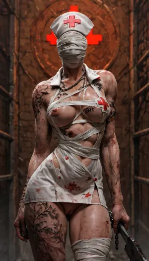 (Silent hill Nurse:1.8), mummy nurse, (Body covered in tattoos:1.8), (horse pussy:1.1), silent hill style, pyramid head, chainsaw, bloody, 1girl, muscular woman, chains, weapon, <lora:silent_hill_xl:1>