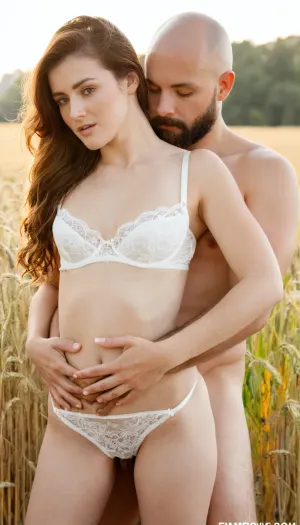 field of tall, ripe golden wheat. The bride has deep black hair, very voluminous and naturally wavy, moving softly in the wind. She wears sheer white bridal lingerie, delicate lace and fine fabrics hugging her body in a sensual yet elegant way.

The groom is an adult man with a shaved head and a full beard, bare-chested, his skin warm and sunlit. He stands close behind her, hands resting gently on her hips, bodies almost touching, creating strong erotic tension.

The wheat brushes against their skin, enhancing the intimacy of the scene. Golden-hour light, warm tones, soft haze, shallow depth of field. Sensual, emotional, non-explicit erotic wedding editorial style. High-resolution, cinematic fine-art photography.