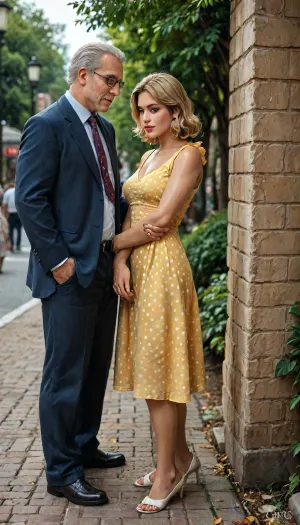 8k, score_9, score_8_up, score_7_up, FILM PHOTOGRAPHY STYLE, cinematic photography of a woman, professional portrait photo realism, reiq style, Old man stealth sex blonde woman untied Yellow dress With polka dot in the park, full body view, <lora:detailed_notrigger:2>, <lora:add-detail-xl:.8>, <lora:LCMTurboMix_Euler_A_fix:.8>