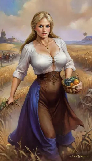 (((a peasant woman in a medieval brown dress, corsage, white blouse, neckline, blonde, blue eyes, a cuhubby mature woman of 50 years old, with huge breasts, wide hips, gergeous ass and a shaggy pussy, works in the field))), ((oktoberfest dress)), (((masterpiece, the best quality))), (wheat field, ears, sickle, sheaves), k3nk3lly, <lora:k3nk3lly:.5>, Art, by, Boris, Vallejo, Style, <lora:Fantasy_art_XL_V1:.5>, fr4z3tt4, <lora:fr4z3tt4:.5>, fantasy, <lora:FDXLFantasyStyleV2:.5>, <lora:220437_training_data:.5>