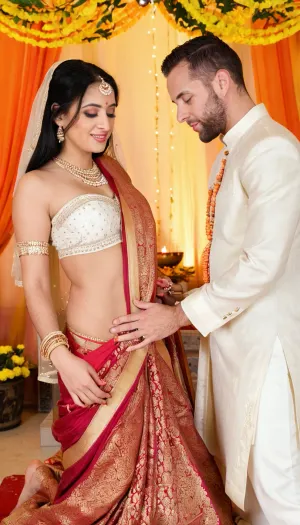 A beautiful and ceremonial Hindu wedding scene featuring a stunning Indian woman, 20 years old, and a Caucasian groom with a shaved head and a well-groomed beard. The bride is radiant, wearing a traditional red and gold bridal sari richly embroidered, adorned with intricate jewelry, bangles, and a delicate veil. Her long, jet-black hair is styled elegantly, her expression serene and joyful. The groom stands beside her in refined traditional wedding attire, calm and dignified. They are positioned beneath an ornate mandap decorated with marigold garlands, silk drapes, and sacred symbols, with a ceremonial fire glowing softly between them. Warm golden lighting, vibrant colors, rich textures, cinematic composition, ultra-realistic details, cultural authenticity, elegant and celebratory atmosphere, masterpiece quality.