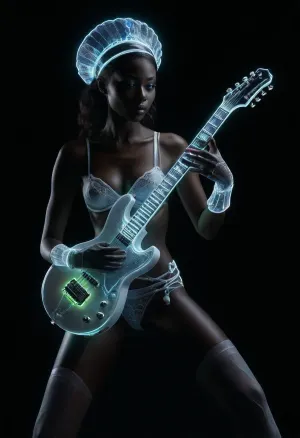 Create a hyper-realistic, highly detailed image of a confident, A 25-year-old Congolese nurse playing a guitar with, (perfect guitar playing posture:1.4), (ultra-dark skin:1.8), and a slender figure, (She wears a white glowing nurse cap:1.2), (white glowing silicone gloves:1.4), and, (an elegant white glowing lingerie:1.3), (plays a bright white glowing white electric guitar:1.7), (highly detailed rendered white glowing white electric guitar:1.7), and she directs a gentle smile towards the viewer, (wearing futuristic neon bright white glowing lingerie:1.7), The lingerie consists of separate pieces, like a delicate white glowing bra and matching white glowing G-string, (adorned with intricate white glowing straps and bondage-inspired elements:1.5), (white glowing G-string:1.4), (white glowing coarse-mesh nylon stockings:1.5), (The bright white glowing fabric is silky and translucent:1.2), (glowing with vibrant neon light:1.5), highlighting the skin beneath. The woman exudes strength and confidence, with a commanding presence and a hint of aloofness. Complement the look with a chunky, futuristic white glowing choker and a coarse, white glowing fishnet pantyhose, adding an edgy, slightly provocative touch. Emphasize the luminous glow of the fabric and the realistic texture of the skin, creating a visually stunning and powerful imagem, (maximum detail), (super realistic photo:1.4), DonMSp3ctr4lXL, holotech, <lora:DonMSp3ctr4lXL-000008:1.6>, <lora:dark:.9>, <lora:detailed_notrigger:1.9>, <lora:Holotech:1.8>