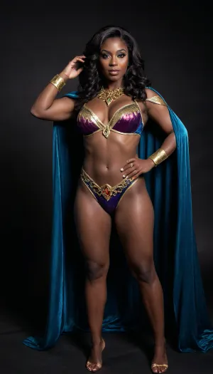 prismatic mystic cosplay, (muscular milf), (dark skin latina), smirking, jewelry, velvet cape, eye shadow, at the dark dance studio, long wavey hair, thick hips, (low view from side), full body, black lighting, black background, vibrant, radiant, high fantasy
