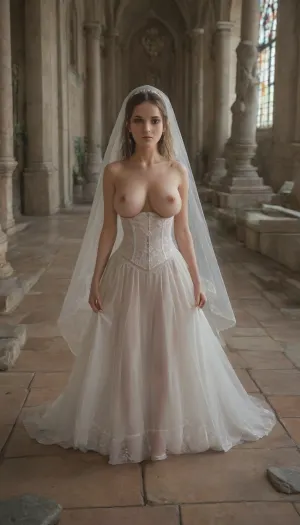 (masterpiece photograph:1.6), solo, 3/4 view, (pretty tiny petite young female:1.6), (brunette hair with blonde highlights), (hourglass figure:1.6), ((tight large breasts)), (untrimmed wild bushy pubic hair), (Naked), ((white lace wedding veil)), ((white lace corset dress)), (altar chamber with stone altar:1.6)