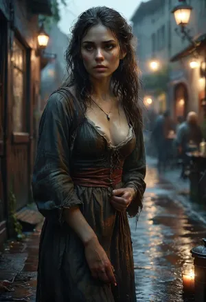 18th century, the young, penniless, drunk, dirty 18-year-old woman stands outdoor in the hard rainy night, leaning against the wall of the tavern and shamelessly, (offers her young and youthful slender body to passersby for paid sex:1.4), (exposes her firm tits:1.2), torn clothes, self-confident, sexy, matted hair, unkempt, homeless, night, dynamic, the tavern's outdoor oil lamp illuminates its appearance in warm light, contrasting with the dark, cold, rainy night, (a photorealistic depiction of the person with the highest level of detail, including face, body, expression, hands, fingers, feet, and anatomy:1.5), FRESHIDEAS, Real, Photography, 2#, Black, and, white, art, black, shading, charcoal, toned, dark, b/w, color, scheme, longnips, <lora:FRESHIDEAS Real Photography 2#:.6>, <lora:Black and white art.V1:.1>, <lora:MJ52:.4>, <lora:detailed_notrigger:.8>, <lora:longnipsxl:.8>