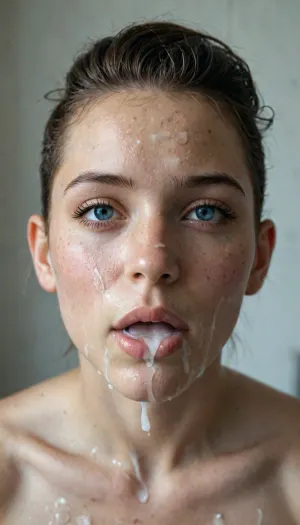 25 year old Skinny girl with black shaved hair, both Sides No hair, Undercut, photorealistic, face only, detailed face, realistic freckles, mouth very wide Open, completely filled with realistic, excessive, thick, dripping cum, flowing Out of mouth, dripping down, face completely covered, drenched in cum, Strains of cum hanging on nose, chin, face. looking at viewer, thick dick Very deep in mouth, deepthroat, bukkake, face completely full of thick, excessive cum