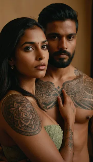 Realistic, cinematic portrait of a couple. A twenty-year-old Indian woman with warm brown skin, delicate yet intense facial features, long dark hair, heavily tattooed arms, neck, and partially visible torso, featuring intricate ornamental and symbolic tattoos inspired by both traditional Indian and modern styles. Beside her stands a Caucasian man in his thirties, strong build, shaved head, full well-groomed beard, and a confident, intense gaze. The couple is standing very close, sharing an intimate and emotionally connected expression. Soft, dramatic lighting, high-definition photographic style, shallow depth of field, blurred neutral or urban background, moody and powerful atmosphere.