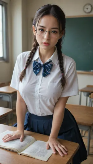 (hyper realistic), 1girl, (average), (normal), Asian, Japanese facial features, busty girl, ((traditional, japanese, black school uniform)), double braided hair, square frame glasses, thin lips, glistering eyes, seated in an empty classroom, quiet room, (seated behind a desk), (wide view), zoom-out, of the whole classroom, ((sereal)), calm and quiet vibe, alone in the classroom, horny, seductive poses, irresistible poses