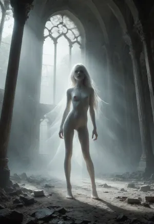 A vast, abandoned baroque palace with towering cracked columns. Peeling frescoes and soot-stained ceilings loom overhead. a lone figure emerging from the shadows. A ghost, standing suspended 50cm above the ground, pale girl, ((18yo, white painted skin, unnatural white skin, unnatural fully black eyes, black lips)), gracefully curved body, extreme long white hair, extremely long hair to the ground, slender body, full nude, very short body, small hips, small butt, flat chest, fully nude. pov fuck her deep, balls deep penetration by pov close-up, pov view close-up, standing sex. High-contrast chiaroscuro—cold moonlight slashes through broken stained glass, casting sharp shadows that amplify her ethereal presence. Dust motes swirl in the beams. Slight Dutch angle, full-body portrait as she vanishes into deeper shadows. mentixis, metix, ais-ghostly, misty, ghost, floating, <lora:mentixis:2>, <lora:Ghostly_Style_SDXL:2>, <lora:PAseer-SDXL-MistyGhost:2>