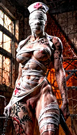 (Silent hill Nurse:1.8), mummy nurse, (Body covered in tattoos:1.8), (horse pussy:1.1), silent hill style, pyramid head, chainsaw, bloody, 1girl, muscular woman, chains, weapon, <lora:silent_hill_xl:1>