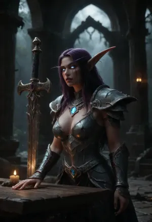 (Night elf woman, world of warcraft:1.3), dark clouds, forest floor, sitting, temple ruins, ruined temple setting, ivy hanging from walls, (fantasy sword standing aside), (ornate sword), ridged armor, oversized sword, ruined wood table, upper body, ruined pottery, purplehair, glowing blue eyes, heavily armored, heavy platemail armor, fantasy armor, jeweled armor, silver elven belt, ornate jeweled circlet, pale blue skin, NEGATIVE_HANDS, cinematic, style, brazier, warm glow, glowing embers, <lora:dark:1>, <lora:darkfantasystyle:.8>, <lora:SDXL-World-of-Warcraft-cinematic-style-Lora-r32-000005:.8>