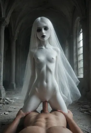A vast, abandoned baroque palace with towering cracked columns. Peeling frescoes and soot-stained ceilings loom overhead. a lone figure emerging from the shadows. A ghost, standing suspended 50cm above the ground, pale girl, ((18yo, white painted skin, unnatural white skin, unnatural fully black eyes, black lips)), gracefully curved body, extreme long white hair, extremely long hair to the ground, slender body, full nude, very short body, small hips, small butt, flat chest, fully nude. pov fuck her deep, balls deep penetration by pov close-up, pov view close-up, standing sex. High-contrast chiaroscuro—cold moonlight slashes through broken stained glass, casting sharp shadows that amplify her ethereal presence. Dust motes swirl in the beams. Slight Dutch angle, full-body portrait as she vanishes into deeper shadows. mentixis, metix, ais-ghostly, misty, ghost, floating, <lora:mentixis:2>, <lora:Ghostly_Style_SDXL:2>, <lora:PAseer-SDXL-MistyGhost:2>, doggystyle, from, behind, human, on, anthro, feral, <lora:SDXL_Human_Male_Furry_Female:.8>