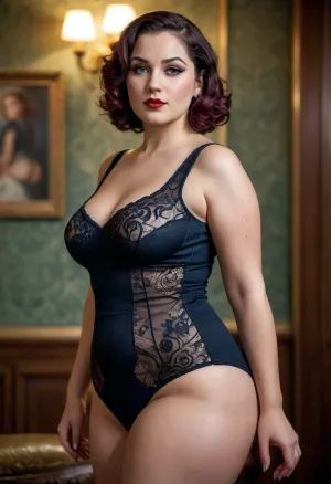 tall curvy 20's style bombshell woman, thin waist, thick thighs, thick hips, round bottom, full front body image