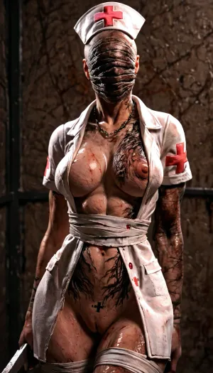 (Silent hill Nurse:1.8), mummy nurse, (Body covered in tattoos:1.8), (horse pussy:1.1), silent hill style, pyramid head, chainsaw, bloody, 1girl, muscular woman, chains, weapon, <lora:silent_hill_xl:1>