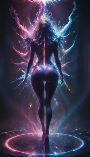 digital painting of a tiny woman' s nude whole body seen from behind, standing with, (her legs spread to show her sex), neon pink hair, youngfull face, composed of recursive fractal rainbow light—hyper-saturated with ultraviolet, laser gold, neon pink, iridescent greens, and cosmic chrome—emerges from a holographic light-sheet. Her, (skin is a glitched disco lattice of sparkling Planck-area symbols), each square pulsing like a cosmic logic gate. Her eyes are twin disco balls, spinning wormholes refracting infinity with every glint, pupils radiating shimmering AdS-CFT glyph-code. Her hair flows as liquid starlight braided with mirror shard filaments, lips shimmer like event horizons glossed in diamond dust. She floats inside a recursive Studio 54—a velvet black AdS void lined with infinite mirrored projections of herself, every boundary a shimmering CFT surface coded in glyphs and glitter. Around her spiral multidimensional mandalas of glimmering quantum lights—shimmer stacks, sparkle tesseracts, and recursive disco ball halos—reflecting entangled identities across bulk-boundary recursion. The space pulses like a cosmic dance floor, entanglement beats, renormalization grooves, and rainbow holograms synced to entropy rhythms. Render as \, disco-max \, bling-overload \, holographic-dancer \, recursive-glamour \, symbolic-saturation \, studio54-wormhole \, sparkle-heavy \, light-excess \, planck-glow \, glyph-glitz. composed of recursive fractal rainbow light—hyper-saturated with ultraviolet, and rainbow holograms synced to entropy rhythms., glowneon, glowing, sparks, lightning, hlpr, circuitboard, dark, futuristic, spread, ass, <lora:glowneon_xl_v1:1.3>, <lora:RMSDXL_Creative:1.7>, <lora:holoportraitv1:2>, <lora:Dark_Futuristic_Circuit_Boards:2>, <lora:SpreadAssSDXL_v04:2>
