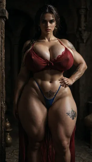 picture of a fit thick toned huge young woman, photography, photo, (hip long braid haircut), big boobs, huge tits, big breast, (ancient female genie wearing sheer red top:1.1), ((thick broad thighs)), ((massive ginormous saggy naked breast tattoos:1.3)), ((genie girl sheer costume low waist lace floral white sheer pants low waist only)), ((Brown princess features:1.3)), ((close up big thick blue thong cameltoe:1)), in royal bedroom, red sheer shirt, flat, chest, huge, gigantic, small, hips, thighs, wide, thick, belly, muscular, female, arms, extra, abs, plump, skindentation, chubby, bbw, venus, body, big, breasts, ass, <lora:LCMTurboMix_Euler_A_fix:.8>, <lora:Venus_Body_Alpha:.8>, <lora:dark:.3>, <lora:Chubby BBW - XL:.5>