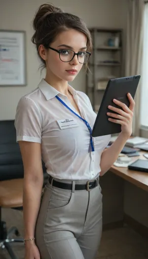 (realistic), 1girl, focus beautiful face, (((busty girl))), professional office wear, white translucent short sleeve unbutton shirt, slim long grey pants, luxury belt, office leather shoes, neat suits, neat short pixie hairstyle, long fringe, ((oval frame glasses)), tablet, official lanyard, luxury watch, sideboobs