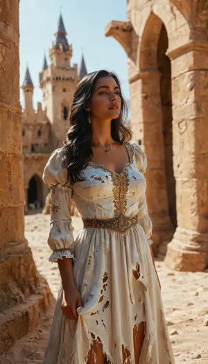 Uber realistic, ultra detailed, masterpiece, Erotic historical scene, (an Arab queen, submissive, (wearing torn medieval royal dress)), outdoor, Arab desert, (firm breasts), medieval castle in background, (surrounded by European crusader knights), High, Resolution, More, Details, 8K, but, <lora:add-detail-xl:.8>, <lora:MJ52:.8>, <lora:BUT_SDXL_SHS:.3>