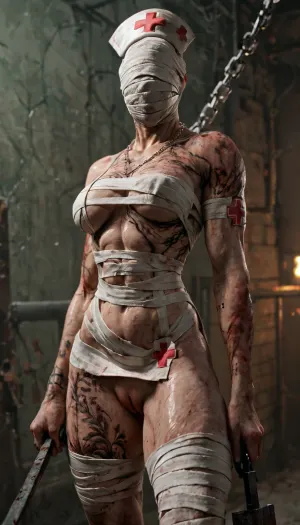 (Silent hill Nurse:1.8), mummy nurse, (Body covered in tattoos:1.8), (horse pussy:1.1), silent hill style, pyramid head, chainsaw, bloody, 1girl, muscular woman, chains, weapon, <lora:silent_hill_xl:1>