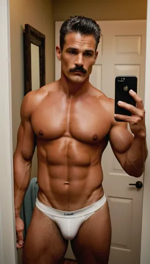 A man taking a mirror selfie with a smartphone. He has a muscular build with visible abdominal muscles and a defined chest. His skin appears fair and shows signs of aging, with some wrinkles and sagging, particularly around the chest and abdomen. He has a few tattoos on his right arm, including a prominent face design on his bicep and a shark fin on his shoulder. His facial features include short, dark hair with some graying, a mustache, and a serious expression. The man's posture is upright, and he is holding the phone with his left hand. The background is a plain white door, which contrasts with his skin tone and highlights his physique. His statuesque lower body is marked by a colossal, fully erect, uncircumcised penis with a pronounced dorsal orientation and the enormous saggy scrotum, significantly above average length and girth for the erect penis. Muscular thighs, shapely, athletic legs, well-developed calves, and strong, well-formed feet with neatly kept toes. His commanding appearance is enhanced by his balanced, proportionate body, ideal salt-and-pepper hair that is well-tapered on the sides, and tanned skin.