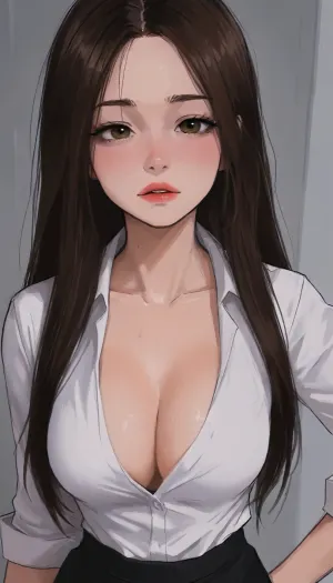 markgavatino style, masterpiece, 1girl, (office background), long hair, view from above, tight secretary costume, very deep cleavage, fake big tits, samdoesarts, by, mochirong, <lora:mk_Bp Anime_xl:1.8>, <lora:samdoesarts1.1-000030:.9>, <lora:EnvyAnimeDigitalPaintingXL01:1.2>, <lora:EnvyCuteXL03:1.8>, <lora:mochirong:1.7>