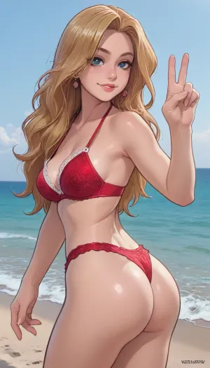 (((Melkor mancin style))), reiq style, solo, masterpiece, (1woman, 8k resolution, ultra-detailed), At beach, sea at background, Smirking blonde tanned, (peace with one hand, dynamic sexy pose:1), ((big ass, big tits)), straight long hair, red lacy bikini, (big tits:.7), ratatatat74, <lora:cartoon_stickers_xl_v1:.9>, <lora:ratatatat74-000050:1.5>, <lora:AshMilkshake_Illustrious_v1:1.7>, <lora:mk_Bp Anime_xl:1.6>, <lora:焦茶_XL:2>