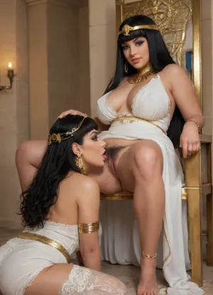 45 years old, chubby woman, (Cleopatra:1.5), black hair, blue eyes, very long straight layered hair, (Wearing a long gold white Egyptian dress with gold lace trim:1.5), gold jewelled choker, gold jewellery, (extremely hairy pussy), . Seductive, smiling. Eye contact. Egyptian makeup. Gold headress ., (She is sitting on her ornate throne), sitting with legs spread, mature wearing servant clothes is kneeling on front of the seated Cleopatra and is licking the Cleopatra’s pussy, pussy licking, lesbian Pussy licking, lesbians, deep cunnilingus, mouth on pussy, in the evening, candle lighting, shadows, massive cleavage, heavy breasts, downblouse, nipples just visible, seductive, Side view, . Beautiful detailed face, smouldering azure blue eyes, side view