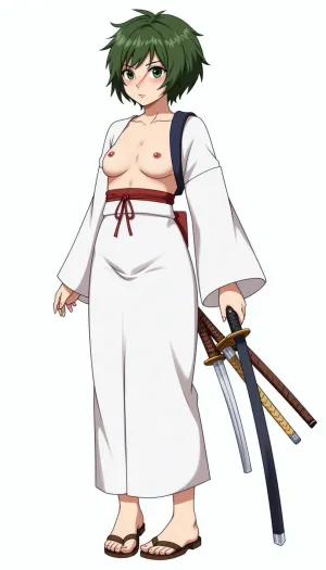 Samurai, female, 28 years old, japanese woman, lorenor zorro, very short green hair, messy hair tousled hair, large eyes, cute Face, round face, sympatic face, scar over right eye, white Kimono, large tits, sandals, three samurai swords, shirtsqueeze, tits, <lora:shirtsqueezev2_SDXL:.8>