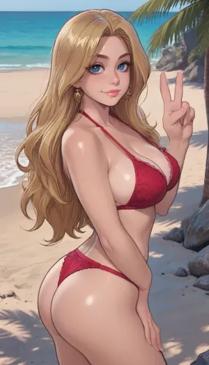 (((Melkor mancin style))), reiq style, solo, masterpiece, (1woman, 8k resolution, ultra-detailed), front view, At beach, sea at background, solo, Smirking blonde tanned, (peace with one hand, dynamic sexy pose:1), ((big ass, big tits)), straight long hair, red lacy bikini, (big tits:.7), ratatatat74, <lora:cartoon_stickers_xl_v1:.9>, <lora:ratatatat74-000050:1.5>, <lora:AshMilkshake_Illustrious_v1:1.7>, <lora:mk_Bp Anime_xl:1.6>, <lora:焦茶_XL:2>