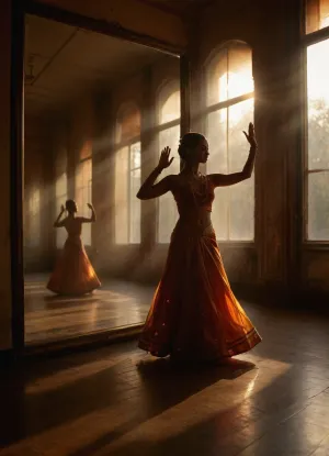 (dance studio with mirrored walls:1.1), Bharatanatyam reflected in a mirror, (practices mudra:.8), haze of a hot afternoon, atmospheric photo, novuschroma74, style, god, rays, sunbeams, sunbeam, <lora:MJ52:.3>, <lora:novuschroma74 style:.3>, <lora:polyhedron_god rays-000007:.3>
