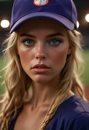 A 25 year old Scandinavian woman, exquisitely detailed, with flawless skin texture, (perfect rendered blue irises:1.3), pupils, long eyelashes, and eyebrows, slender lips, light freckles, (perfect rendered fingers:1.3), (wearing an Baseball cap:1.4), baseball shirt, long blonde hair braided, a seductive and daring expression, background in strong blur with a dimmed baseball field, perfect photographic lighting with subtle backlight and varied light influences from the sides, capturing every detail with hyper-realistic precision, (close view:1.3), (maximum photo quality:1.4), (maximum resolution:1.5), <lora:MJ52:.6>, <lora:Super_Eye_Detailer_By_Stable_Yogi_SDPD0:.3>, <lora:BUT_SDXL_SHS:.3>, <lora:Sweaty_Realism_4-000006:.8>, <lora:Italian_girl:.8>