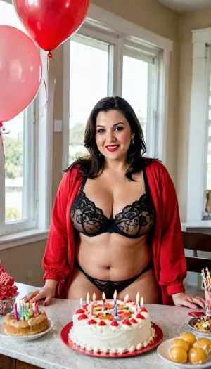 38 years old milf, milf body, mature, (chubby:1.3), chubby body, wrinkled belly, fat belly, mother, wrinkly, exited face, day, black hair, shoulder hair, on the table, (big boobs, sexy mature Latina with striking brown eyes celebrating her birthday at her aunt's cozy home, wearing lingerie bra, red-black lingerie, (red robe), among balloons and birthday decorations, warm natural light through the windows, colorful cake on a table, the number 38 candles on the cake, thirty eight, soft film-like color oldy palette, high detail, 35mm portrait, shallow depth of field. Warm, candid birthday portrait of a Latina woman with blue eyes at her aunt's house.heels christian louboutin, creamy i'm nipples sit about table, cake in pussy creamy sup, set porn pica posses), (feet with cake cream in front, toes in cake، foot with cream), wide shot, <lora:LCMTurboMix_Euler_A_fix:1.6>