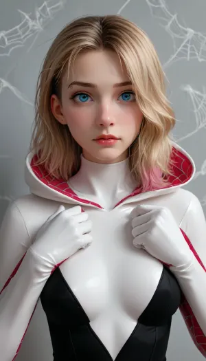 (Masterpice), (HD4K visual), (detailed background), 4K ultra-detailed image, HDR, enhancement, professional photography, clear face, detailed face, precise anatomy, (perfect symmetry), (5 fingers per hand), maximum resolution, sharp focus, NSFW, (spider Gwen:1.4), short blond bobbed hair, iconic white and pink latex spider suit, ratatatat74, incase, style, <lora:ratatatat74-000050:1.4>, <lora:Incase_Style__SDXL:1.4>, <lora:Spider-Gwen:1.4>