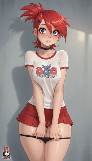 (reiq style), (Frankie from fosters home for imaginary friends), innv, (Jack cayless art style), ultra short skirt, tight clothes, red skirt, hypnotic eyes, standing, sweaty, small round tits, thick thighs, oily skin, sweaty on whole body, seduced, orgasm, black panties down, bending over, vagina, ultra detail, wet clothes, null art, Melkor Mancin artstyle, score_9, score_8_up, score_7_up, <lora:cartoon_stickers_xl_v1:.8>, <lora:ratatatat74-000050:1.3>