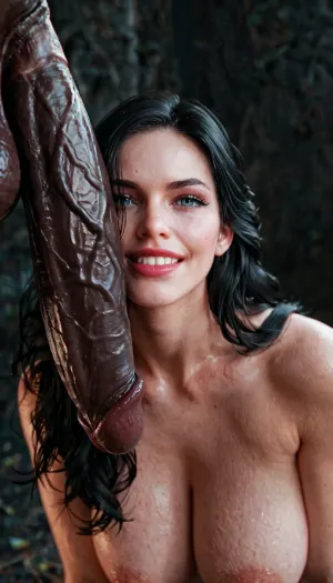 Yennefer from the witcher, posing with black cocks, big black cocks, monster cocks, huge black penis, cock hanging down, huge balls, happy, close up, full body view, <lora:LCMTurboMix_Euler_A_fix:.8>