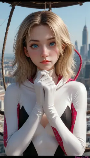 (Masterpice), (HD4K visual), (detailed background), 4K ultra-detailed image, HDR, enhancement, professional photography, clear face, detailed face, precise anatomy, (perfect symmetry), (5 fingers per hand), maximum resolution, sharp focus, NSFW, (spider Gwen:1.4), short blond bobbed hair, iconic white and pink latex spider suit, crawling on a side of a tower, overlooking new York, ratatatat74, incase, style, <lora:ratatatat74-000050:1.4>, <lora:Incase_Style__SDXL:1.4>, <lora:Spider-Gwen:1.4>