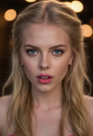 ziprealism, (close-up facial portrait:1.4), of a woman, (heart-shaped face:1.2), (striking pale blue eyes:1.1), (long blonde hair, loose strands of hair, tied back hair:1.5), (fair skin:1.2), (aggressively seductive gaze:1.3), (full pink lips, lips parted, mouth open, hungry and horny expression, raised eyebrow, appraising:1.4), (large earrings:1.2), (soft warm ambient lighting:1.4), (golden hour glow:1.2), (intimate atmosphere:1.3), (heavy background bokeh:1.5), (extremely shallow depth of field:1.4), (sharp focus on eyes:1.4), (natural photo style:1.3)