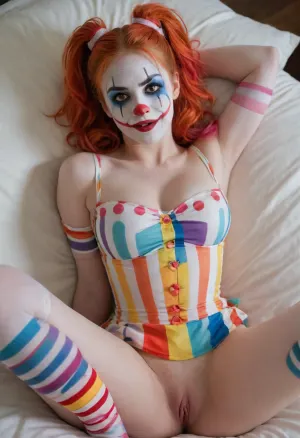 young beautiful girl 18 years old clown girl with big breasts, wearing a pulled-up dress without any underwear, laying on her back with spread legs, no panties, long striped socks, clown makeup, skinny, white face paint, detailed vagina, looking at the viewer, back long high twin multi-colored ponytails, excited, aroused, tack sharp, 4k, dslr