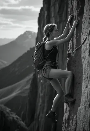 "A highly detailed, monochromatic, photorealistic scene where a woman’s upper body is transformed into a surreal landscape, her form serving as the backdrop for a tiny climber, about three centimeters tall, dressed in full climbing gear, the miniature mountaineer ascends the woman’s body, using ropes and climbing equipment, every detail of the tiny climber and his gear is sharply in focus, while the woman’s form remains softly blurred in the background, creating a striking contrast, the scene emphasizes the adventurous journey of the tiny climber against the vast, surreal landscape of the woman’s body, the focus is on the detailed texture of the climbing gear and the tiny figure, with the woman’s body providing a dreamlike, surreal backdrop, the entire composition is in monochrome, ensuring a cohesive and artistic atmosphere