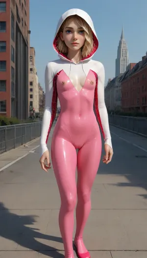 (Masterpice), (HD4K visual), (detailed background), 4K ultra-detailed image, HDR, enhancement, professional photography, clear face, detailed face, precise anatomy, (perfect symmetry), (5 fingers per hand), maximum resolution, sharp focus, NSFW, (spider Gwen:1.4), short blond bobbed hair, flat chested, (pierced nipples), iconic white and pink latex spider suit, posing while attached on a side of a tower, overlooking new York, full body view, ratatatat74, incase, style, flat, chested, <lora:ratatatat74-000050:1.4>, <lora:Incase_Style__SDXL:1.4>, <lora:Spider-Gwen:1.4>, <lora:flat_chested_v3.5:1.4>