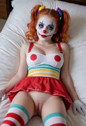 young beautiful girl 18 years old clown girl with big breasts, wearing a pulled-up dress without any underwear, laying on her back with spread legs, no panties, long striped socks, clown makeup, skinny, white face paint, detailed vagina, looking at the viewer, back long high twin multi-colored ponytails, excited, aroused, tack sharp, 4k, dslr