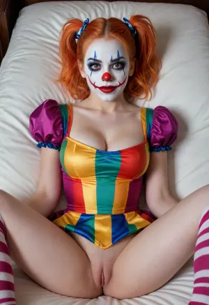 young beautiful girl 18 years old clown girl with big breasts, wearing a pulled-up dress without any underwear, laying on her back with spread legs, no panties, long striped socks, clown makeup, skinny, white face paint, detailed vagina, looking at the viewer, back long high twin multi-colored ponytails, excited, aroused, tack sharp, 4k, dslr