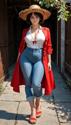 Blac and kwhite drawing, Pirate captain, female, 25 years old, brazilian woman, short woman, chubby woman, monkey d luffy, very short black hair, tousled hair, straw hat with a red ribbon, large eyes, scar under her left eye, red button-up waistcoat, large tits, blue denim hot pants, sandals