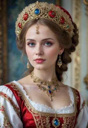 Portrait of a Russian beauty in national costume, lace filigree of bright, rich color. Super clear, highly detailed watercolor, glaze technique, plus colored alcohol ink, style of V. Vasnetsov