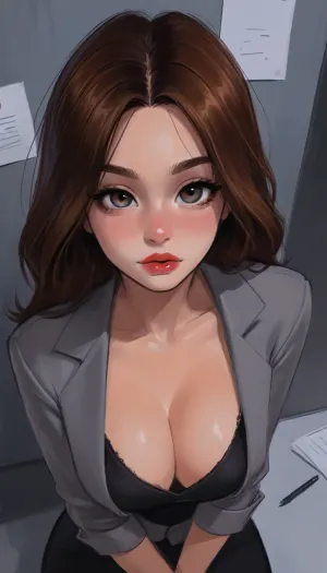 ((Melkor mancin:1), style), reiq style, masterpiece, ((1woman, 8k resolution, ultra-detailed, pale skin)), 1girl, (office background), long hair, view from above, tight secretary costume, very deep cleavage, fake big tits, samdoesarts, by, <lora:mk_Bp Anime_xl:1.8>, <lora:samdoesarts1.1-000030:.9>, <lora:EnvyAnimeDigitalPaintingXL01:1.2>, <lora:EnvyCuteXL03:1.8>
