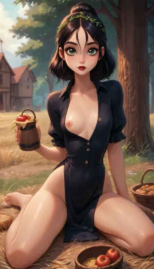 reiq style and Jack cayless art style, 25 yo woman, skinny, large saged breasts, flat chest, black updo haircut, tall, thick thights, long legs, thin waist, green eyes, red lips, (wearing white ukrainian embroidered unbuttoned shirt, black dress, deep neckline, exposed breasts, one breast out, one breast visible), (no panties), (chamomile and viburnum wreath), sitting on haystack on wheat field, clay jug with milk, wicker basket with pies and apples, view from side, spreading legs to the viewer, golden hour sunlight filters through nearby trees, creating dramatic shadows and highlighting her fair skin, looking to viewer, <lora:add-detail-xl:2>, <lora:princess_xl_v2:.8>, <lora:DetailedEyes_V3:2>, <lora:Animated_Concept:.9>, <lora:detailed_notrigger:1.2>