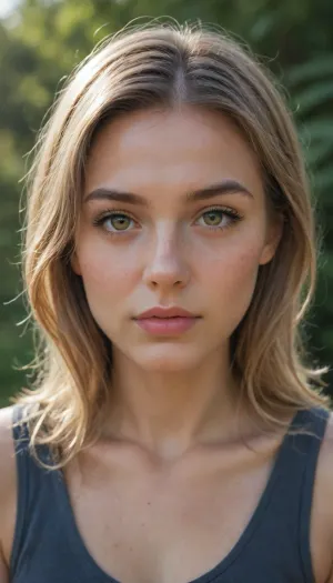 Highly realistic close-up portrait of a young woman with a candid, natural appearance. Slight head tilt, relaxed posture, spontaneous and open expression, mouth slightly open.

Warm brown eyes, medium-sized, softly rounded almond shape, natural lashes with minimal makeup, gently visible upper eyelids. Eyebrows naturally shaped, medium density, softly arched, light brown.

Medium-sized nose with straight bridge and softly rounded tip. Soft mouth shape, upper lip narrow to medium, lower lip slightly fuller, natural pink tone.

Oval face with a soft, slightly rounded structure, gentle jawline, lightly full cheeks.

Light skin with warm-neutral undertone, many natural freckles across nose bridge, cheeks, and forehead, freckles irregular in size and density, realistic skin texture with visible pores and slight redness around the nose.

Light blonde hair with a warm undertone, straight to slightly wavy, shoulder-length, worn loose with a natural side part, softly framing the face.

Natural daylight, casual real-life lighting, snapshot feel, shallow depth of field, softly blurred background, photorealistic, authentic, unretouched.